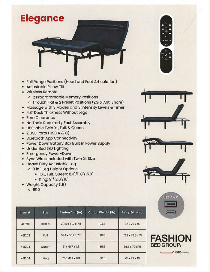 Fashion Elegance Adjustable Base: remote, USB ports, anti-snore, customizable comfort—features shown on image's left.