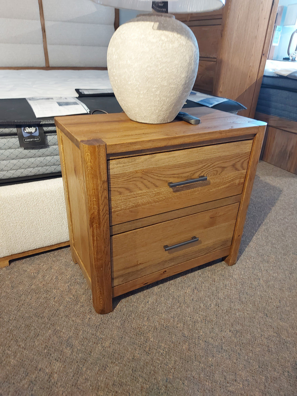 Vaughan Bassett 790 Two Drawer Night Stand in solid American White Oak with a reclaimed look; two drawers, lamp on top.