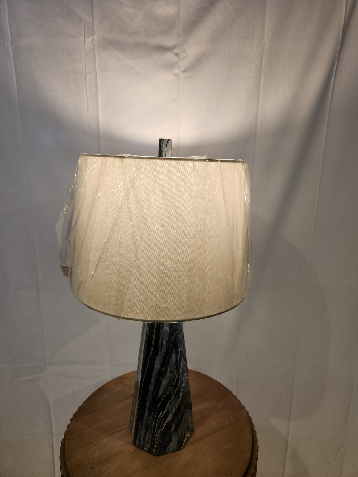 Pacific Coast Bluestone set of 2 table lamps, faux marble base, cream linen drum shade, new in plastic.
