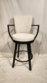 The Amisco Cardin bar stool features a modern swivel design with a cushioned white seat and black frame.