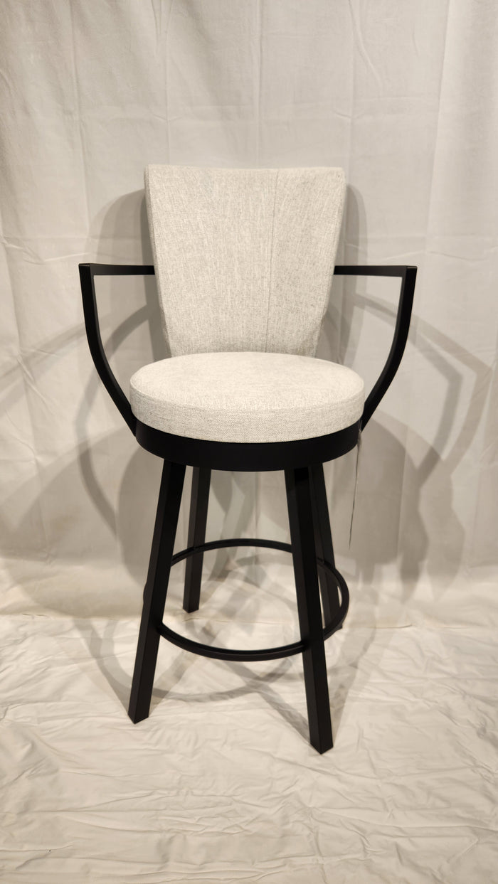 The Amisco Cardin bar stool features a modern swivel design with a cushioned white seat and black frame.