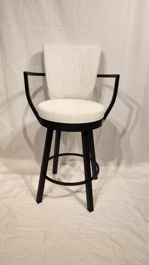 The Amisco Cardin Counter Height Swivel Bar Stool features a white upholstered seat and an antiqued black frame.