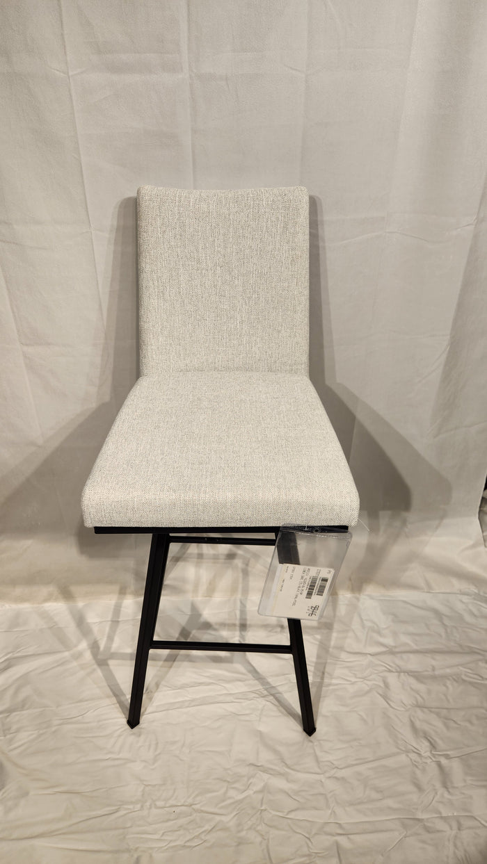 A white Linea Counter Height Swivel Bar Stool by Amisco, with a tag, is set against a white backdrop.