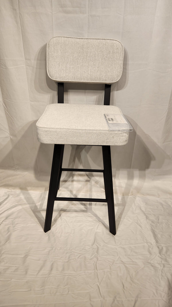 The Brixton Counter Height Swivel Bar Stool by Amisco features light grey fabric and black metal legs on a white background.