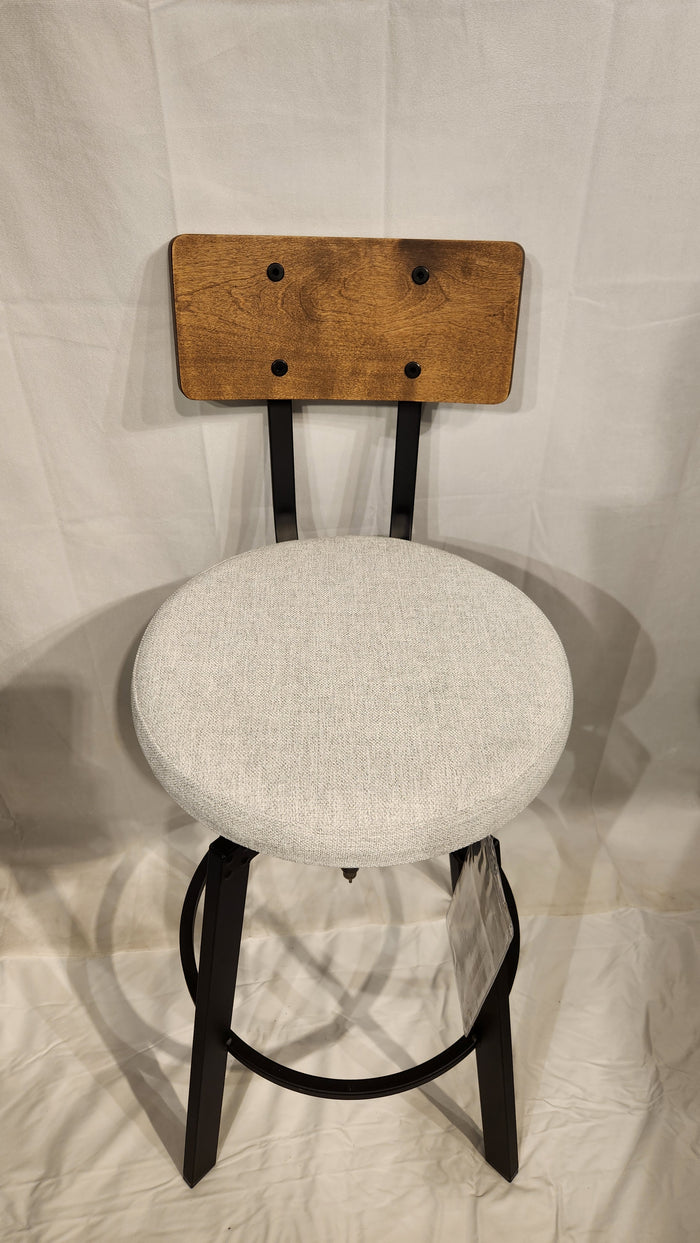 The Amisco Architect Black Coral Stool features a round gray cushion, wooden backrest, and black metal legs. Made in Quebec.