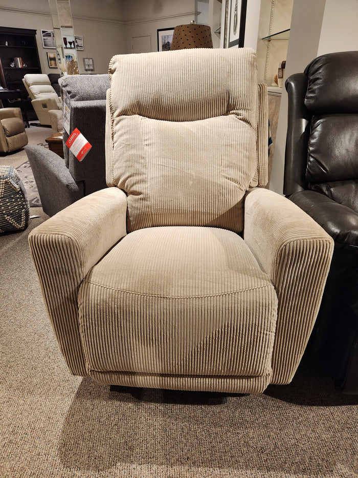 The La-z-boy 715 Kodie Power Rocker Recliner in beige corduroy adds cozy charm to any living space in the showroom.