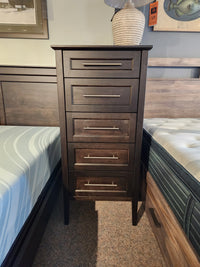 Handstone Stockholm 5 Drawer Lingerie Chest in dark wood, sleek design with room for a lamp and decor on top.