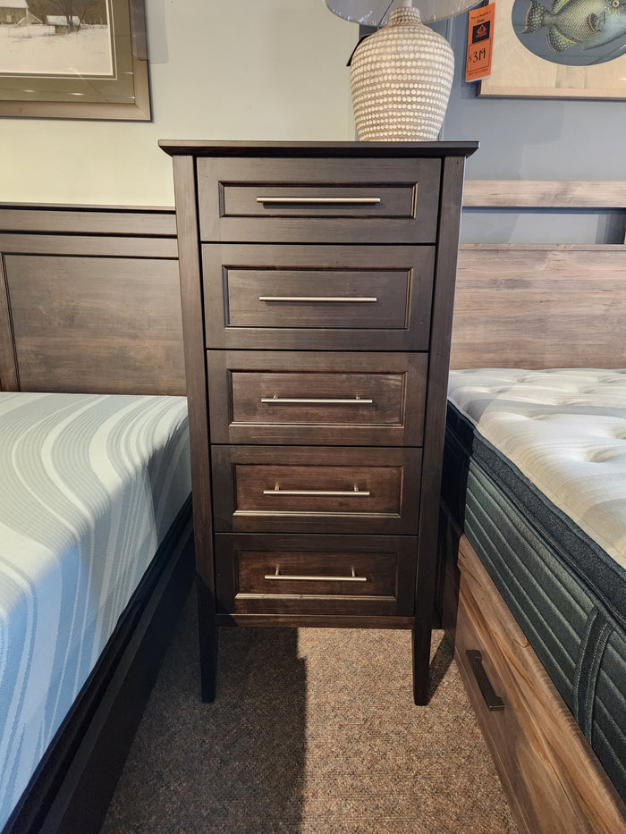 Handstone Stockholm 5 Drawer Lingerie Chest in dark wood, sleek design with room for a lamp and decor on top.