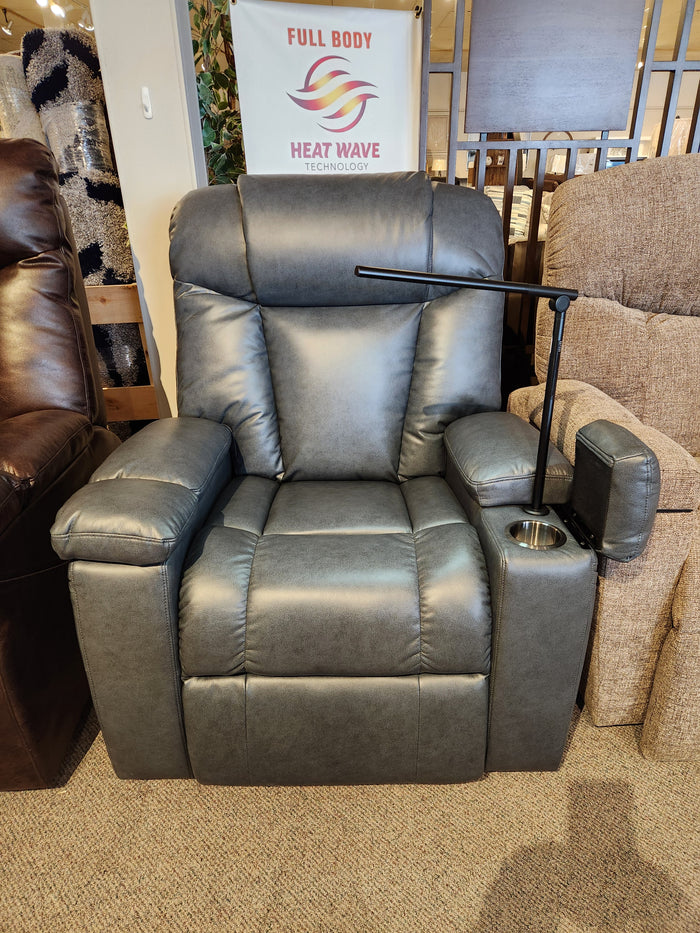 Golden's Rhea PL442M MED power lift chair in gray leather features HeatWave Tech, a reading light, and cup holder.