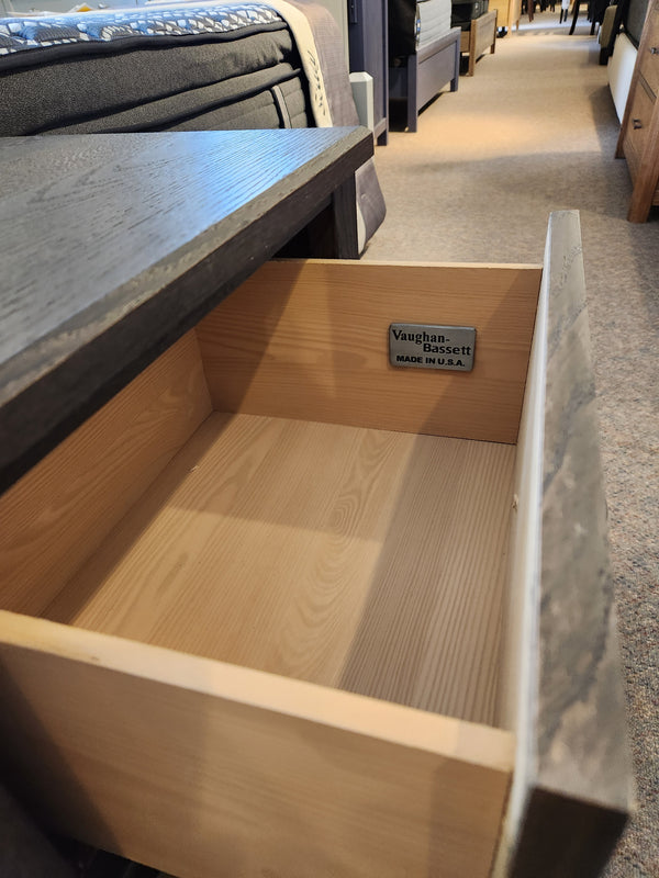 Open a Vaughan Bassett 10-226 Night Stand's drawer, crafted from American Poplar Solids. Made in U.S.A.