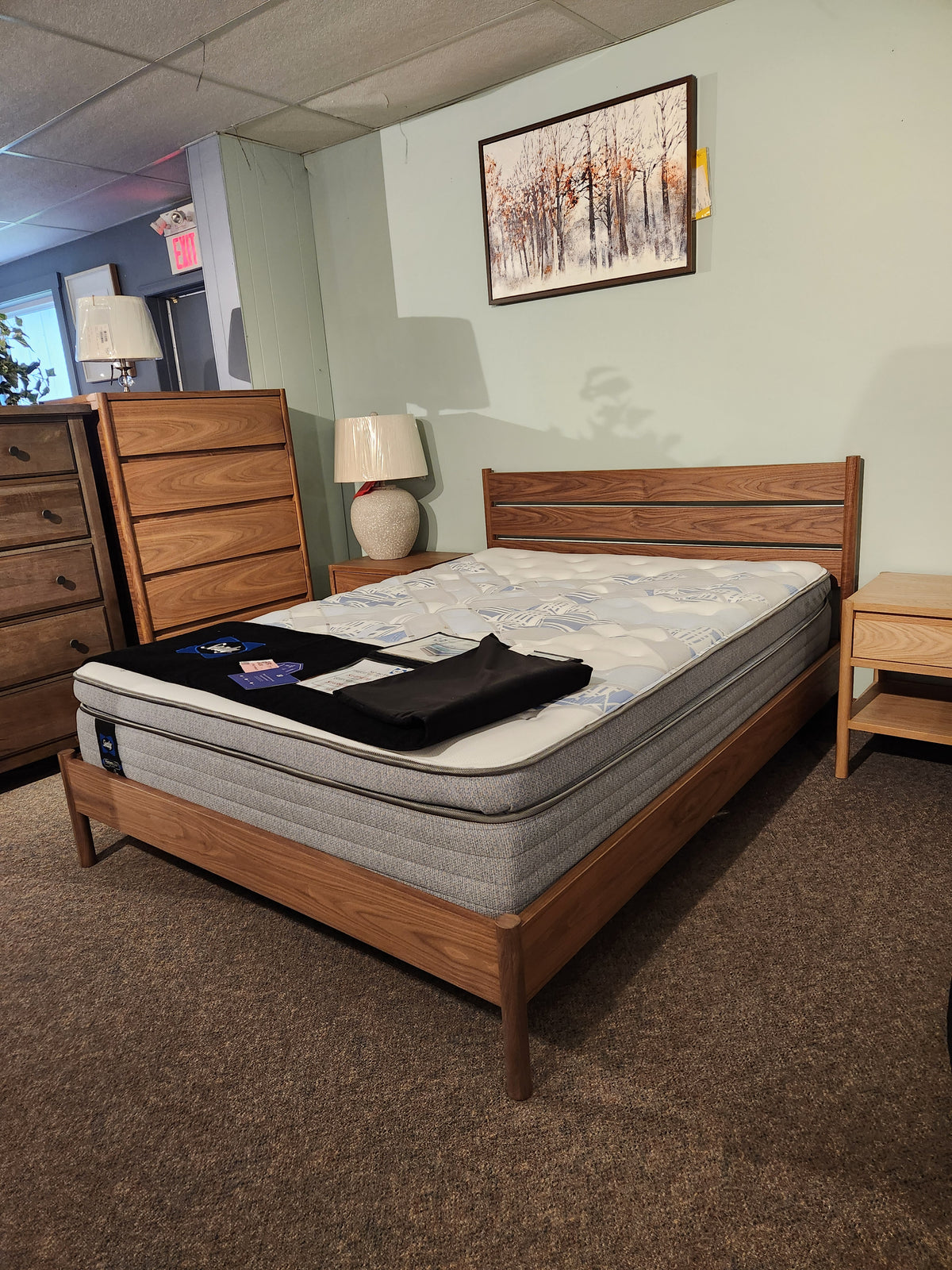 The Palliser EQ3 Monarch Queen Bedframe stands in a bedroom with dressers, lamps, and a winter-themed painting.