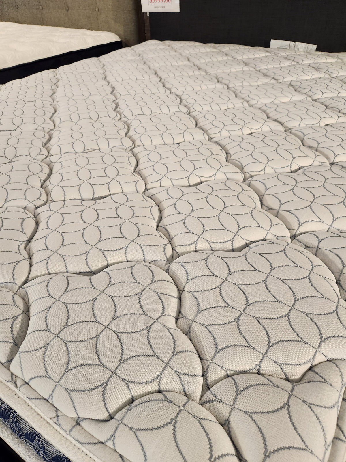 Close-up of the KingsDown Rio 2 ET Medium Mattress with a white quilted cover featuring blue circles for comfort and support.