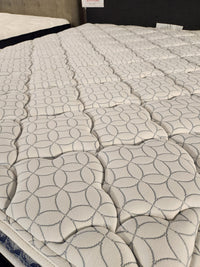 Close-up of the KingsDown Rio 2 ET Medium Mattress with a white quilted cover featuring blue circles for comfort and support.