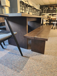 Palliser EQ3 Homework 5 Piece Dining Table Set with matching bench and chairs displayed on carpet in a showroom.