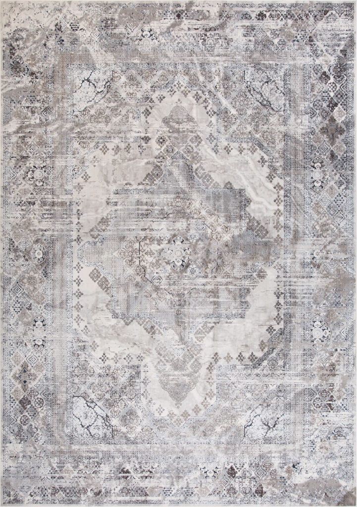 The Opulence 4156Z 5'X8' Area Rug by STEVENS OMNI RUGS features a faded gray, beige & off-white geometric floral design.