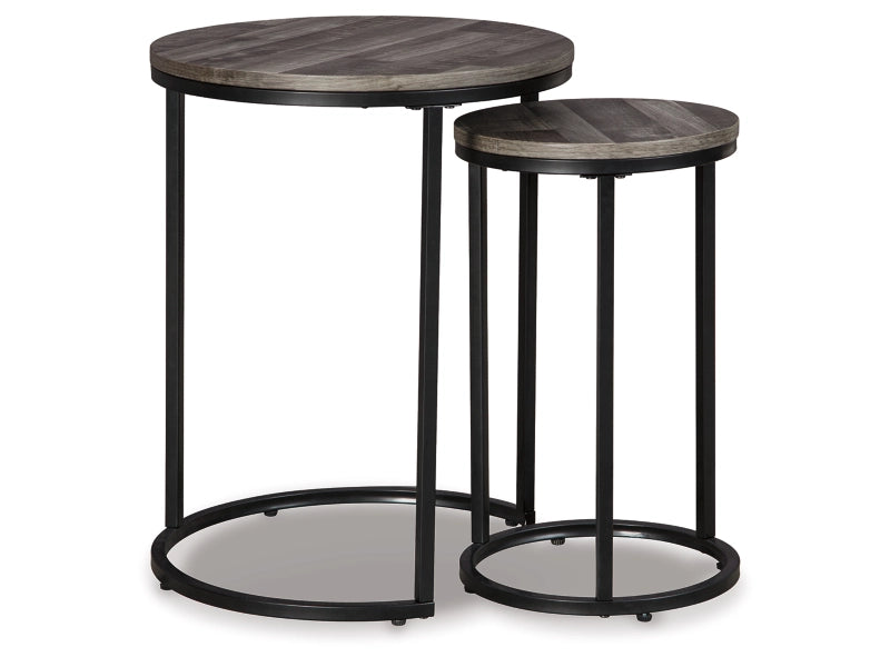 The Ashley Briarsboro Nesting Accent Tables (Set of 2) feature gray washed tops and black frames for modern living spaces.