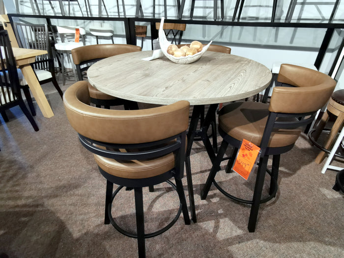 The Amisco Thermo Fused Laminate Table 5 Piece Dining Package includes a durable table and four brown leather chairs.