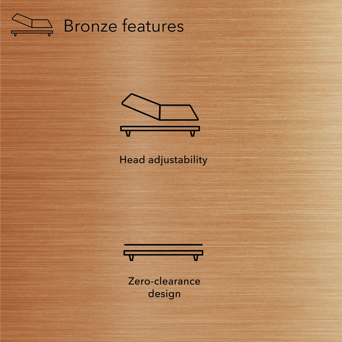 Beauty-Rest Bronze Adjustable Base: zero-clearance, adjustable base with simple black icons on a bronze background.