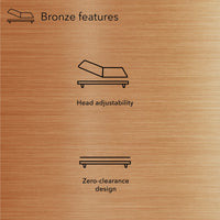 Beauty-Rest Bronze Adjustable Base: zero-clearance, adjustable base with simple black icons on a bronze background.