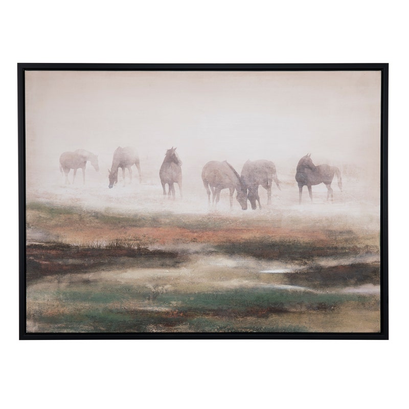 The Crestview Collection's "Grazing Stallions" painting shows six stallions grazing in a misty, earthy-toned field.