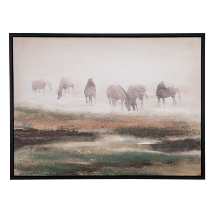 The Crestview Collection's "Grazing Stallions" painting shows six stallions grazing in a misty, earthy-toned field.
