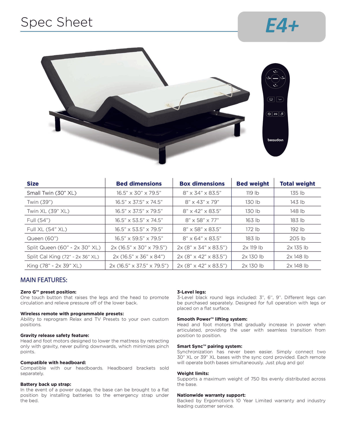 Julien Beaudoin E4 Adjustable Base offers wireless remote and Zero G preset; see chart for specs, sizes, and weight.
