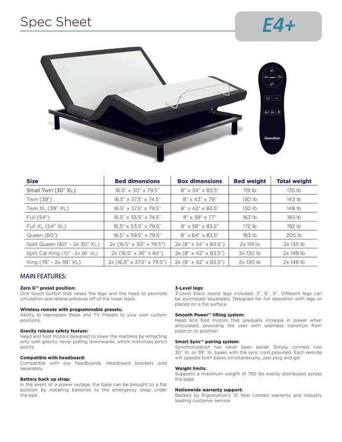 Julien Beaudoin E4 Adjustable Base offers wireless remote and Zero G preset; see chart for specs, sizes, and weight.
