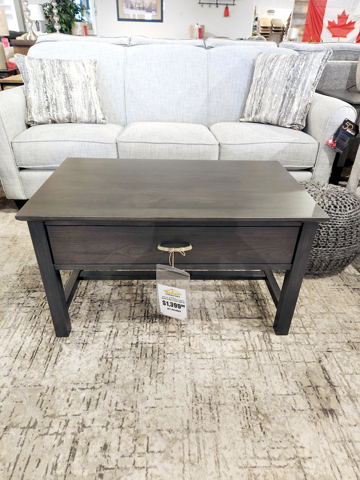 The BR2135 Brooklyn Condo Coffee Table by Handstone sits on a rug in front of a light gray couch with pillows.
