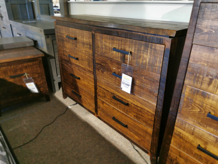 Handstone PE-28 Pemberton 8 Drawer Dresser with sculpted curves and custom metal hardware, price tag attached.