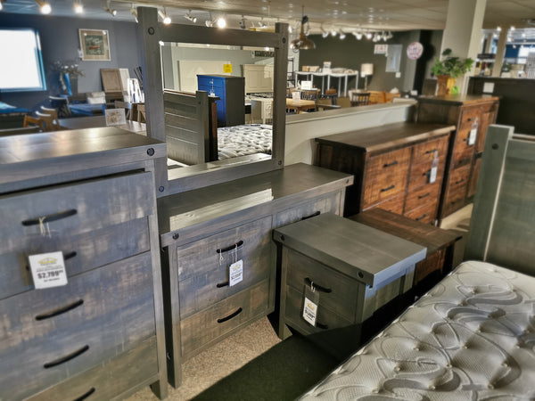 Handstone's Rafters Six Drawer Dresser is showcased, blending rustic style and industrial decor accents.