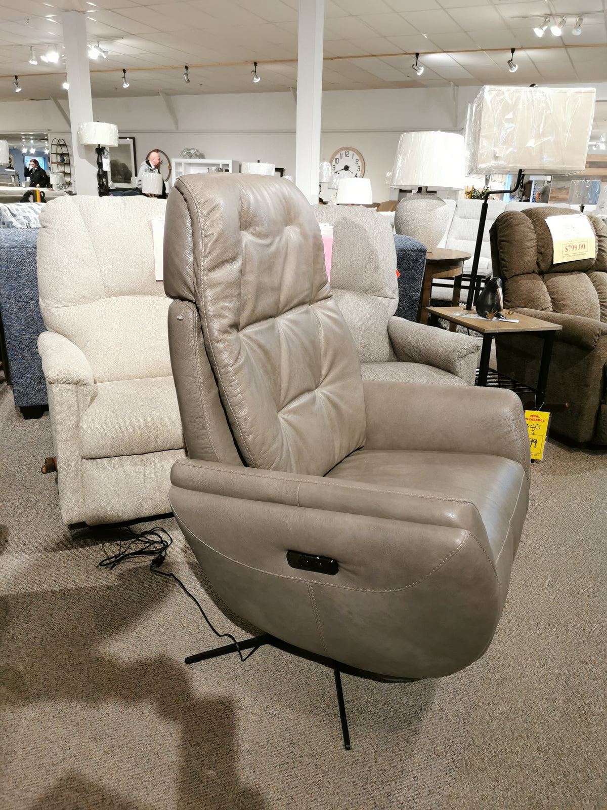 The Vega Power Recliner by Ambiente Chairs, in gray Italian leather, with high-density foam and power control.