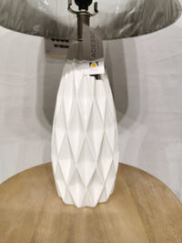 The Joan 2 Pack Table Lamp by Adesso Lamp features a ceramic base, geometric pattern, and metallic shade.