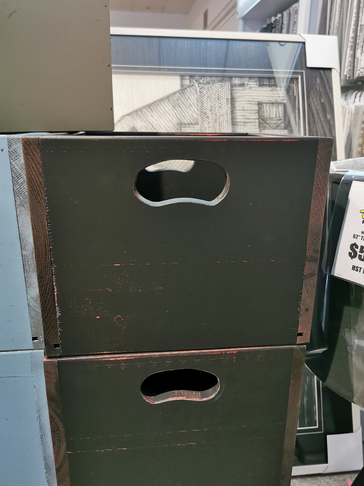 Two Mercana SB101 Record Crates in black wood fit vinyls, stacked against art piece backdrops.