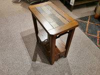 The 5013 Chairside End Table by Null Furniture adds transitional appeal with its oak veneer and tile-inlaid top on carpet.
