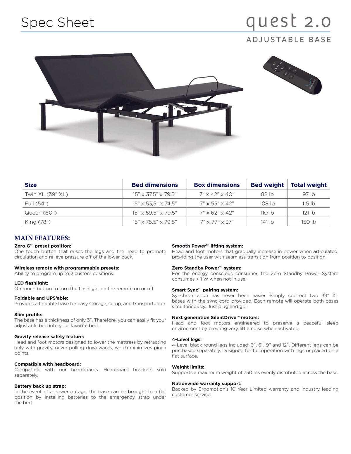 The Julien Beaudoin Quest 2.0 Adjustable Base is shown in Zero G with wireless remote, plus a specs table of sizes and features.