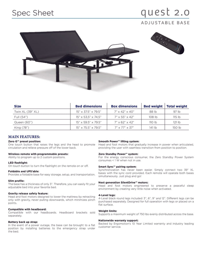 The Julien Beaudoin Quest 2.0 Adjustable Base is shown in Zero G with wireless remote, plus a specs table of sizes and features.