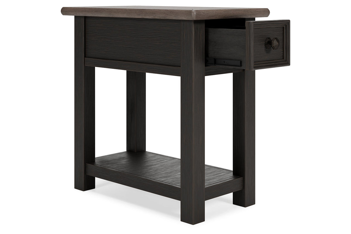 Ashley T736 Tyler Creek dark wood chairside end table with dual USB ports, side drawer, and lower shelf.