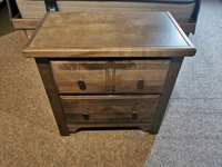 Vaughan Bassett 801 Cool Farmhouse nightstand with pewter pulls on a brown carpet.