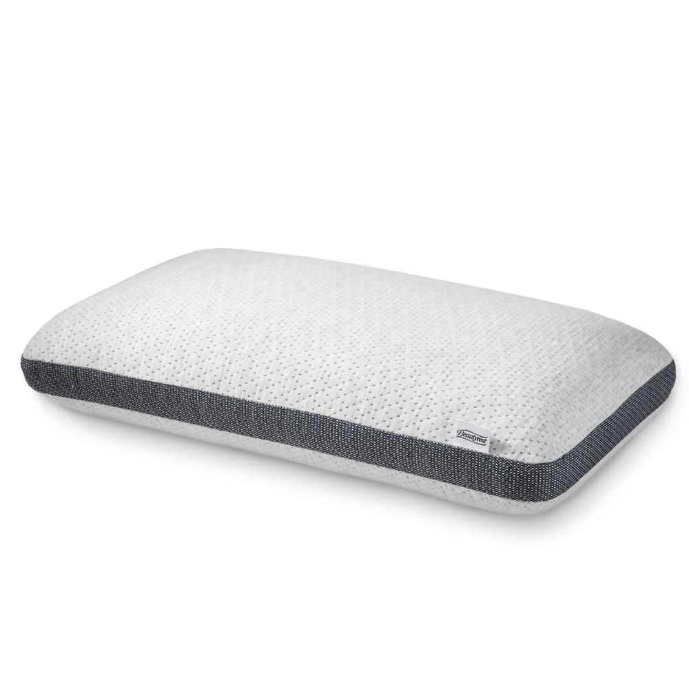 The Beauty-rest Absolute Relaxation Luxury Pillow features ventilated memory foam and dark gray mesh sides.
