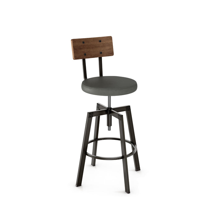The Architect Counter Height Stool by Amisco features a round gray seat, wood backrest, and footrest. Quebec made.