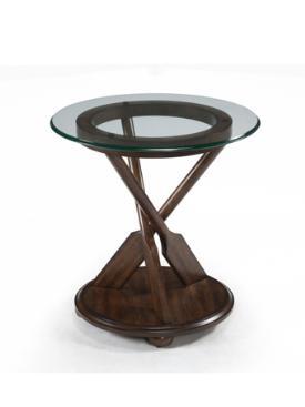 Magnussen T2214 Beaufort Round End Table with glass top, wood triangular base, oak veneer, and circular shelf.