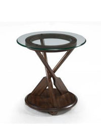 Magnussen T2214 Beaufort Round End Table with glass top, wood triangular base, oak veneer, and circular shelf.