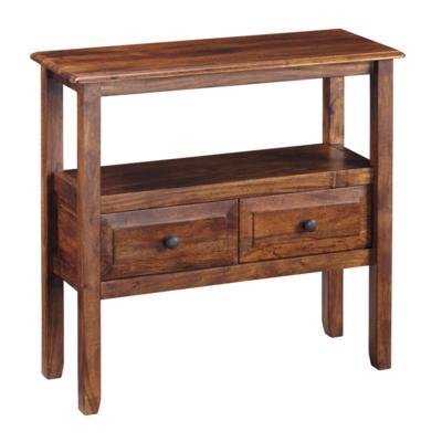 The Ashley Abbonto Accent Tables are wooden consoles equipped with two drawers for discreet storage and an open shelf below the top surface, combining style with functionality.