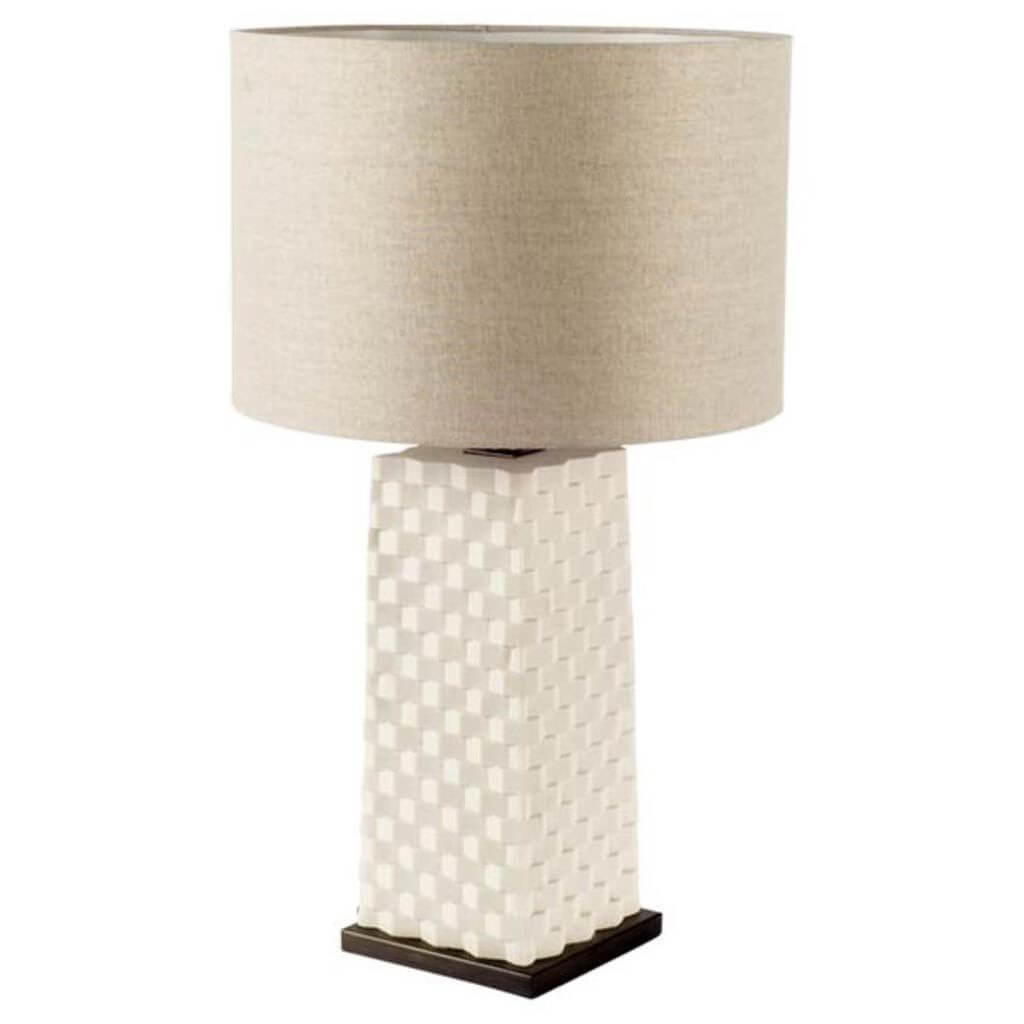The 65414 Morrison Table Lamp by Mercana features a textured white base and a large beige cylindrical shade.