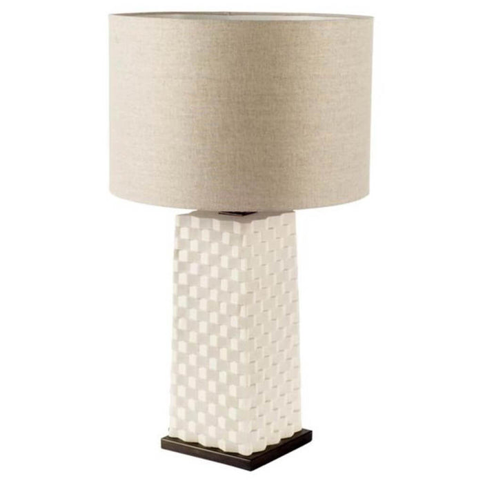 The 65414 Morrison Table Lamp by Mercana features a textured white base and a large beige cylindrical shade.