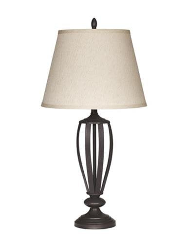 Ashley Mildred Table Lamp features a bronze finish, beige fabric shade, and a dark openwork base on a round pedestal.