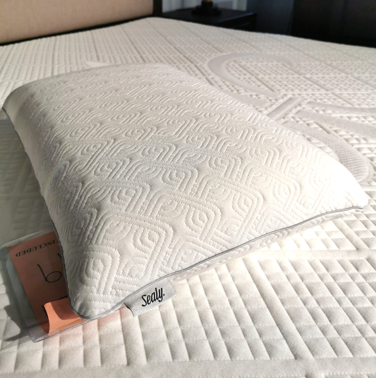A Sealy 'Essentials' Pillow tops the bed, perfect for back-sleepers in a bright, inviting bedroom.