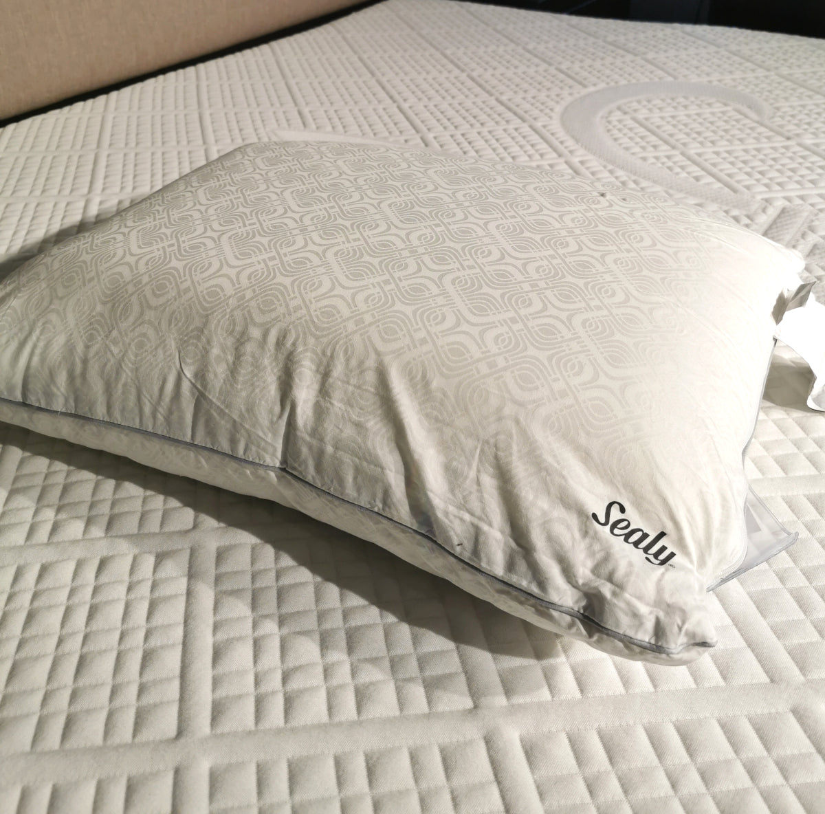 A Sealy 'Performance' Pillow rests on a patterned mattress, both featuring white geometric designs.