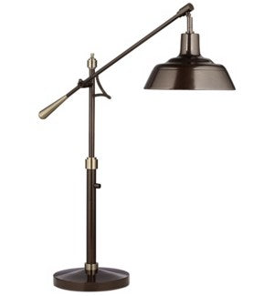 The Pacific Coast Spot On Adjustable Downbridge Table Lamp features a bronze finish, round base, and wide metal shade.