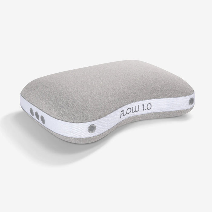 A grey Bed Gear Flow Cuddle Pillow with a white stripe and button details ensures comfortable sleep.